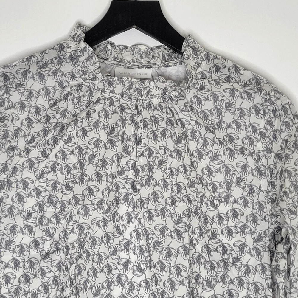 Charter Club Top XS Gray Ruffle Neck Floral Long Sleeve Keyhole